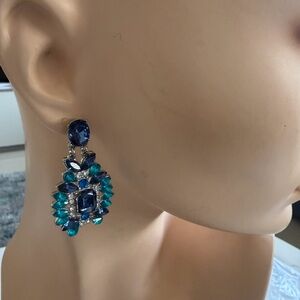 Blue Teal Rhinestone Statement Drop Earrings Silver Tone NEW